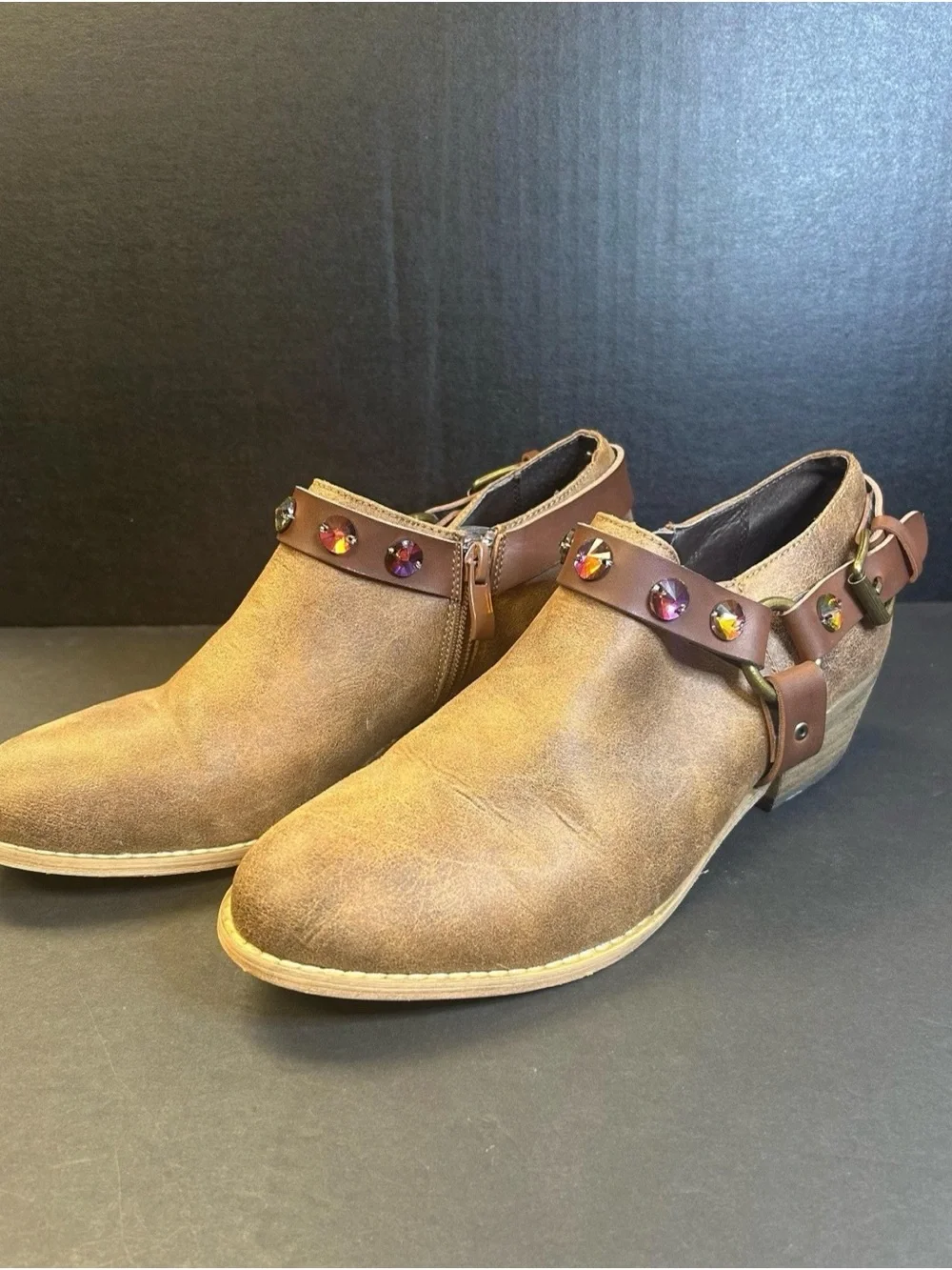 Woman’s Brown Leather Slip-On Boots with Decorative Gem Strap